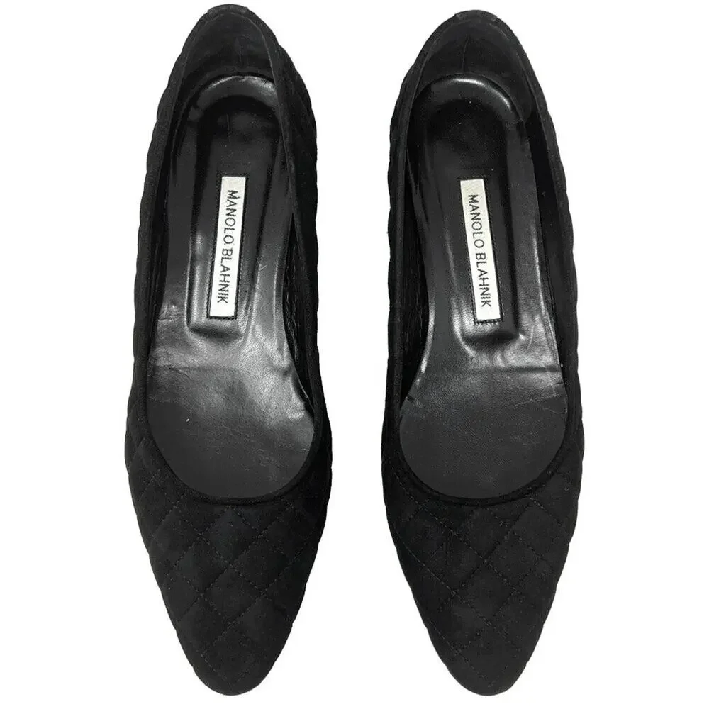 Manolo Blahnik Lisqui Quilted Suede Block Heel Pumps Black Size 39‎ US 9